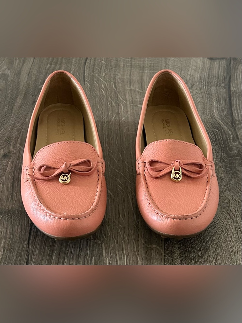 Michael Kors Coral Peach Pink Leather Bow Moccasins